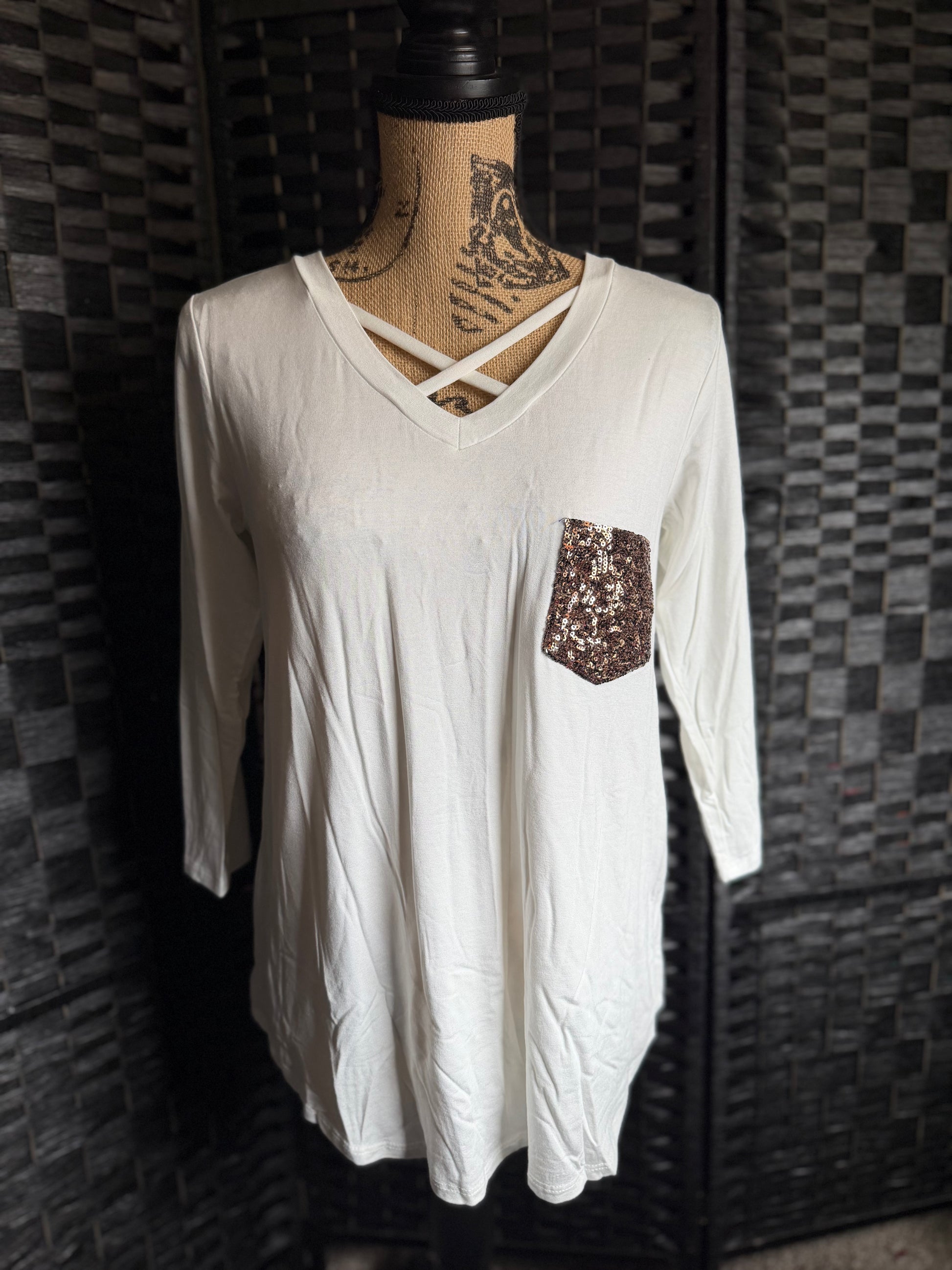 Ivory 3/4 Sleeve Sequin Pocket