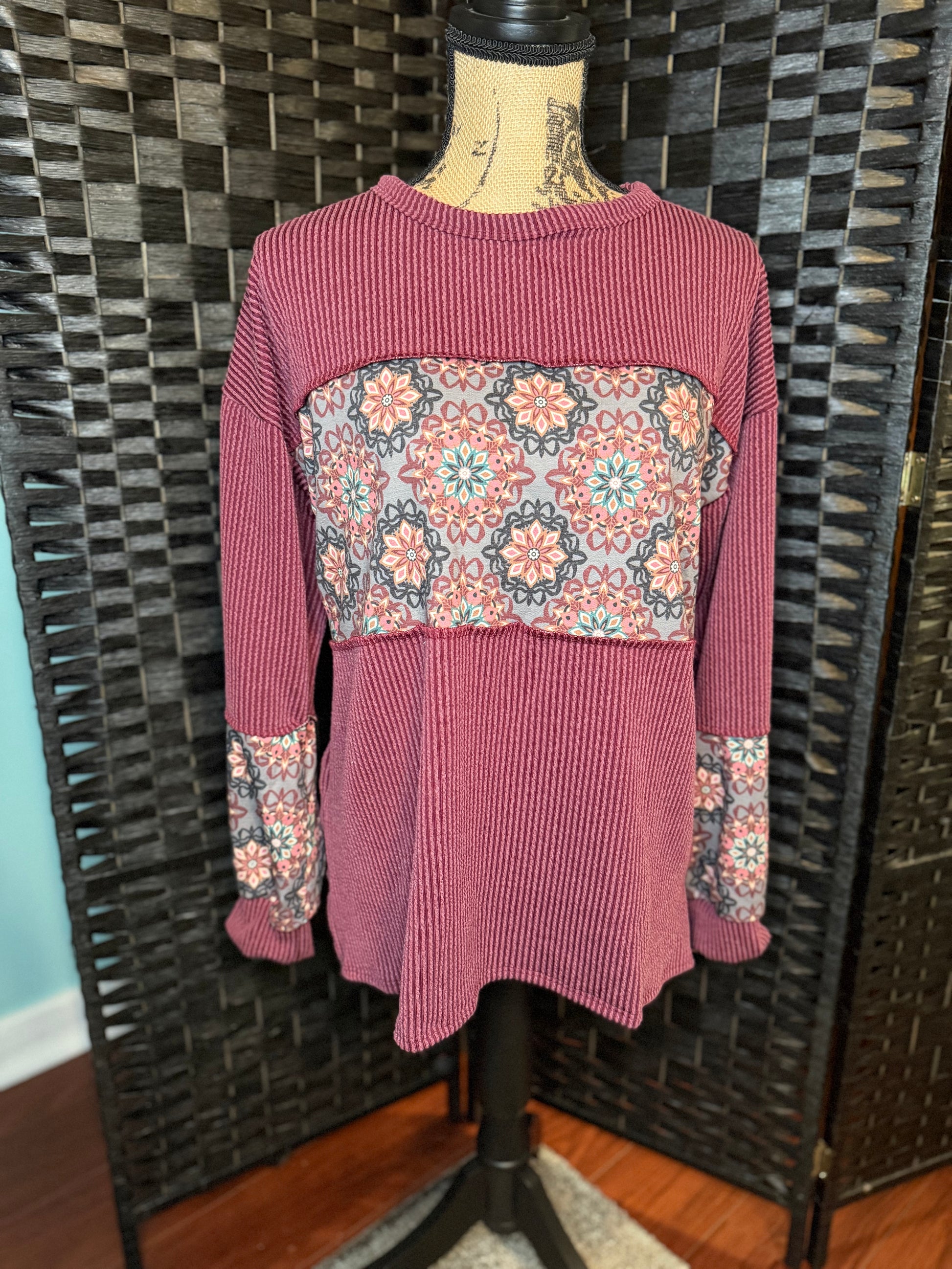 Burgundy Abstract Block Long Sleeve